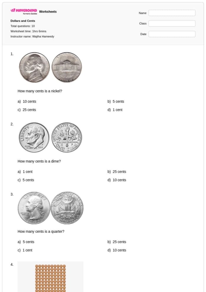 Dollars and Cents worksheet for second graders focusing on adding money amounts