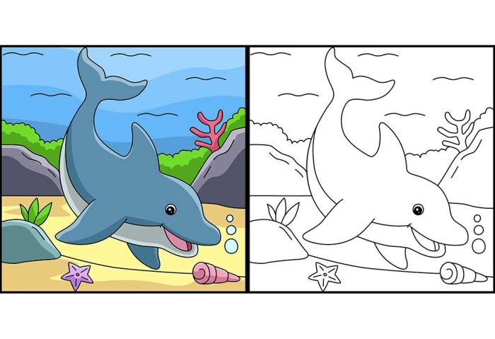 Dolphin coloring page worksheet designed for first graders to enhance their creativity