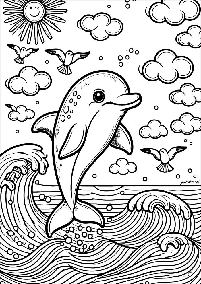 Coloring page featuring a playful dolphin for first graders to enjoy