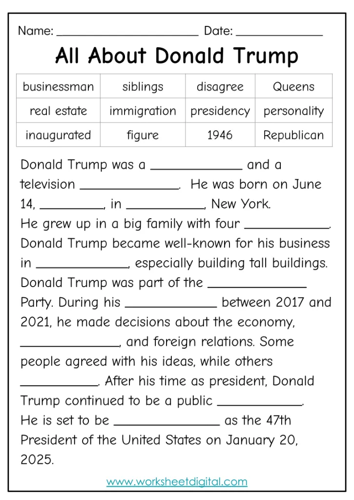 A third grade student worksheet about Donald Trump's life and presidency with multiplication practice problems