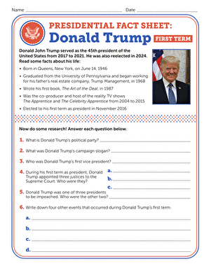 Donald Trump presidential fact sheet worksheet for third grade students learning multiplication concepts