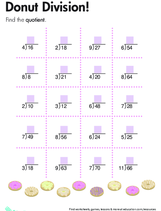 Third grade students practice division math skills on this donut themed worksheet page 4