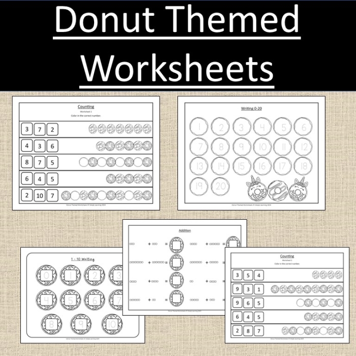 Colorful donuts arranged in groups to help third graders solve division math problems on a worksheet