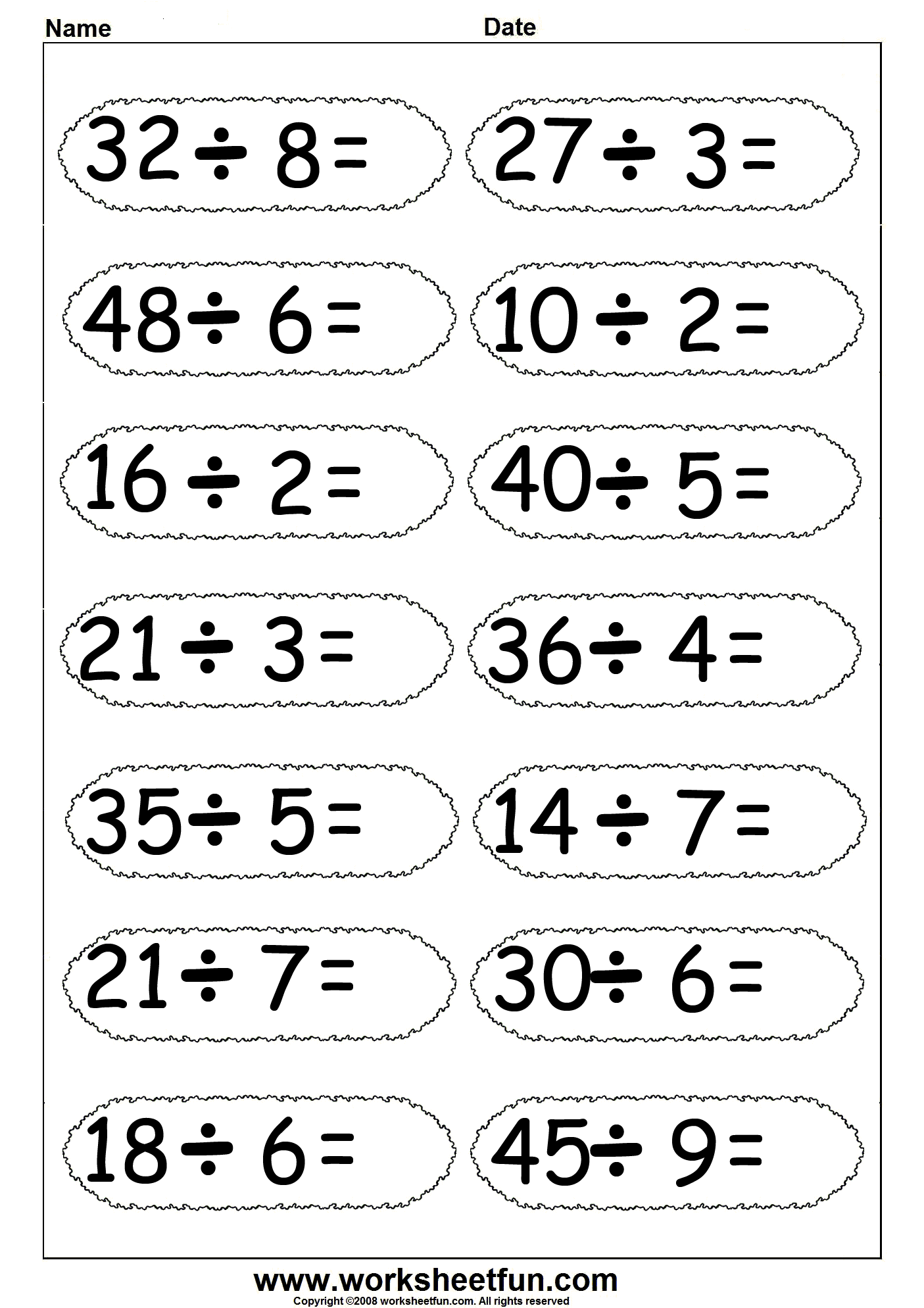 Cartoon donuts with division math problems for third graders to solve