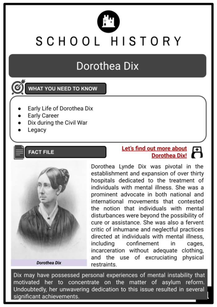 Sixth grade students reading comprehension worksheet about American advocate Dorothea Dix with informational text and questions