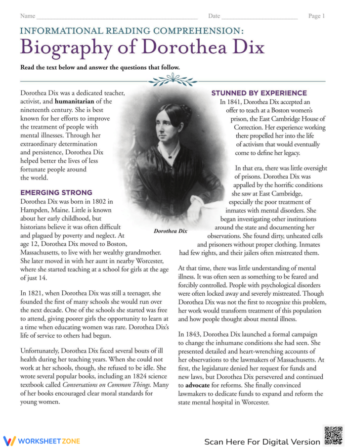 A sixth grade worksheet featuring a biography of Dorothea Dix with comprehension questions