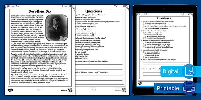Sixth grade students reading a worksheet featuring a historical biography of American social reformer Dorothea Dix