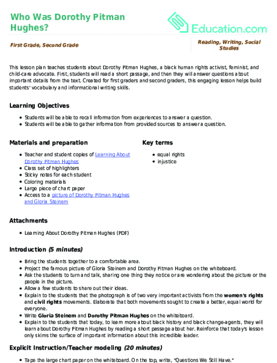 A young student completing a first grade activity sheet about the life and contributions of Dorothy Pitman Hughes