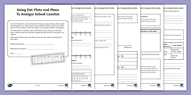 Students analyzing data distributions using a dot plot in a sixth-grade statistics worksheet
