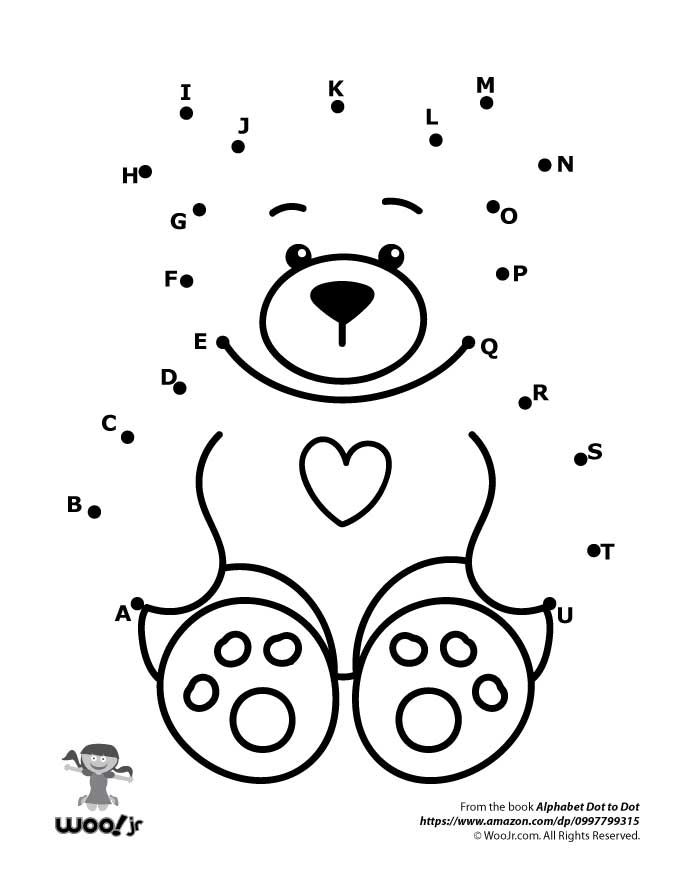 Cute teddy bear dot to dot worksheet for practicing ABCs