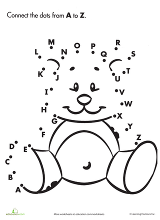 Cute teddy bear dot to dot worksheet for practicing ABCs in Pre-K