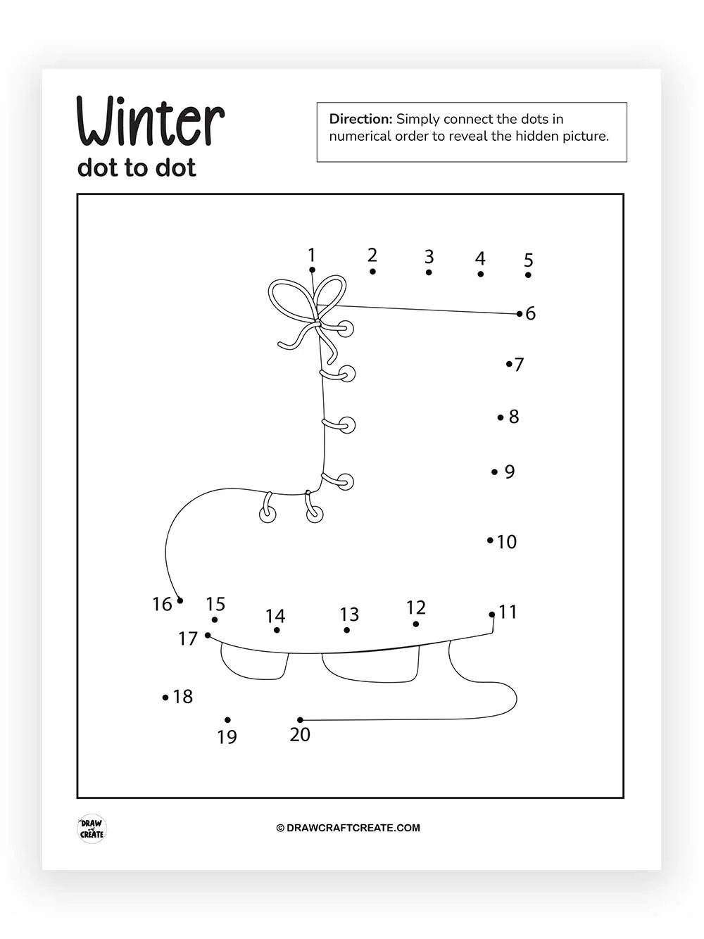 Dot-to-Dot worksheet featuring a fun roller skate design for counting practice