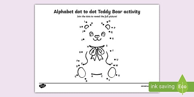 Dot to dot A to Z teddy bear worksheet for Pre-K handwriting practice