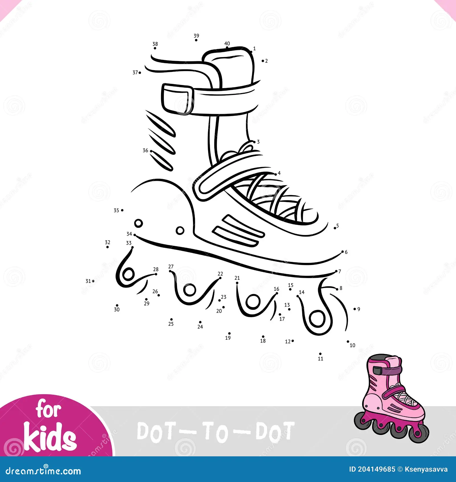 Colorful dot-to-dot worksheet featuring a roller skate for counting practice
