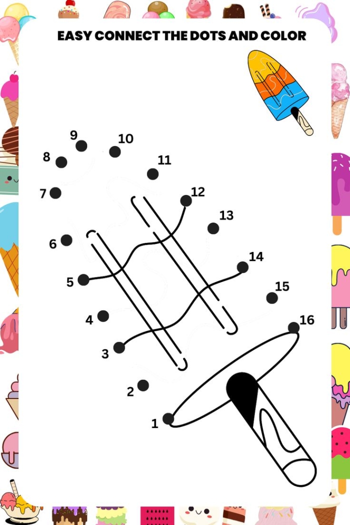 A colorful dot-to-dot worksheet featuring a roller skate for counting practice from one to fifteen