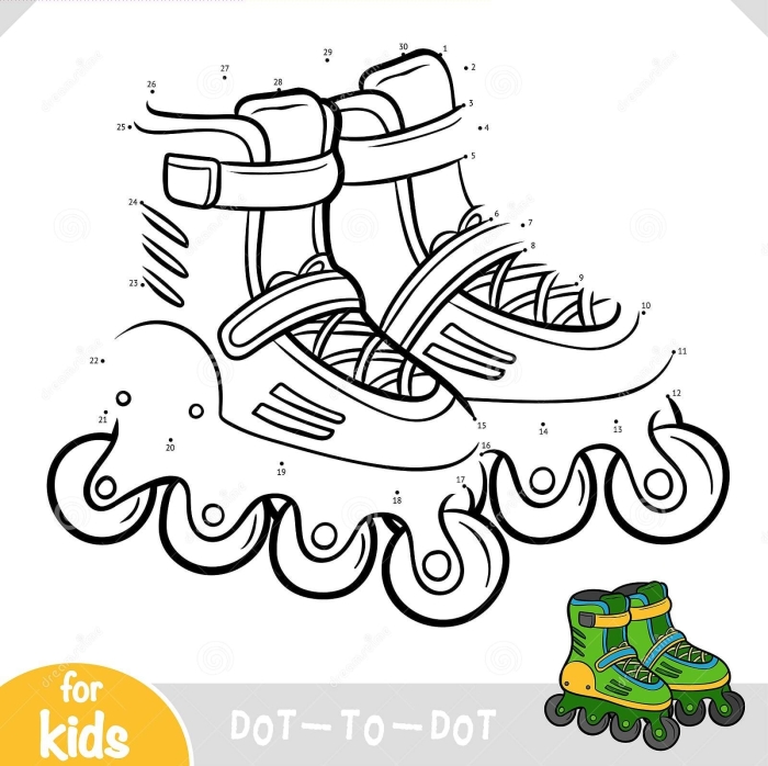 A fun dot-to-dot roller skate worksheet for kindergarten kids learning numbers one to fifteen
