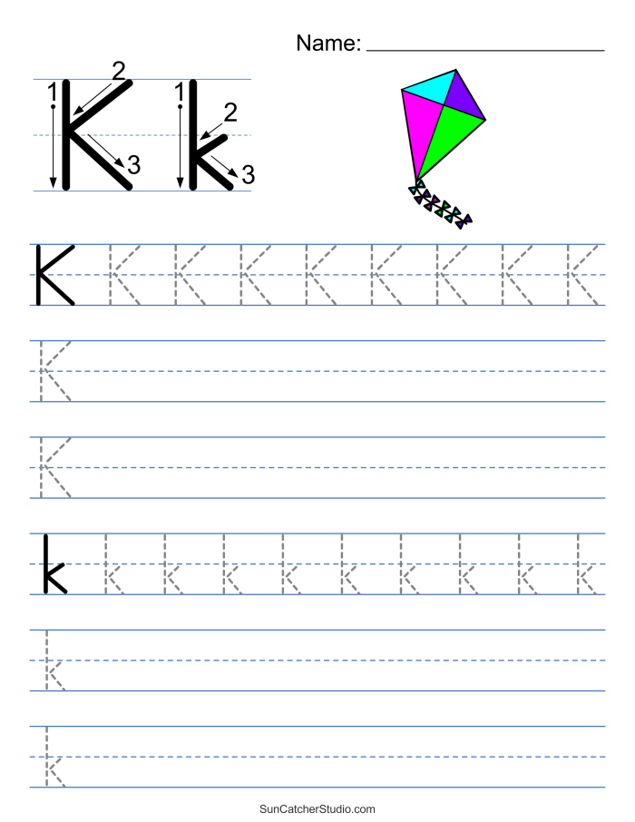 Practice Tracing the Letter K Worksheet Activity 14 for Pre-K Students Child tracing dotted lines and the letter K on a pre-kindergarten writing practice worksheet to develop fine motor skills