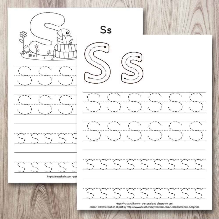A prekindergarten child tracing dotted lines and the letter S to develop fine motor skills on a writing practice worksheet