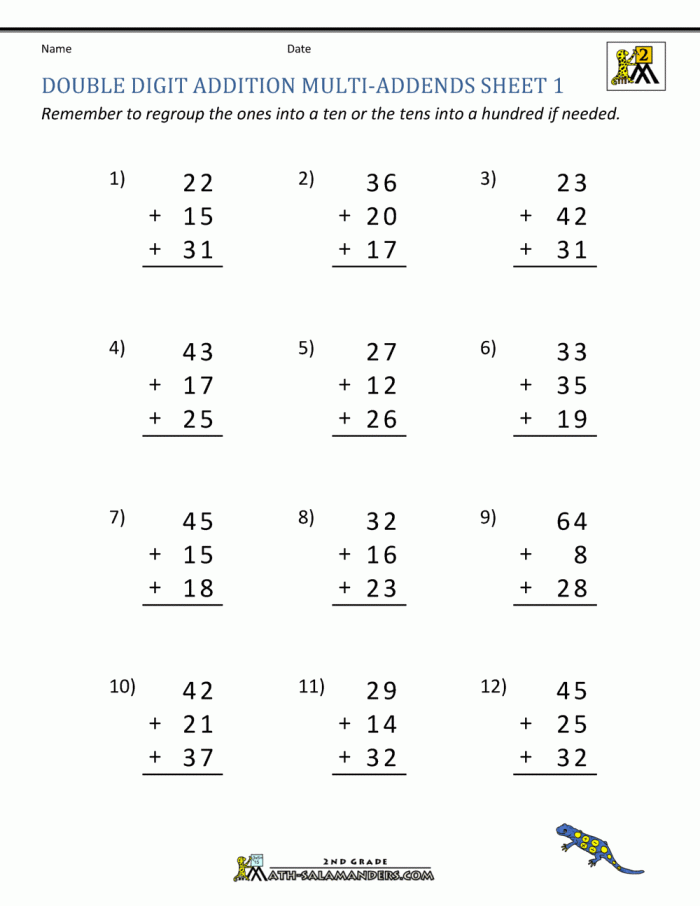 Engaging double-digit addition practice with carrying for grade 2 students Double-digit addition worksheet featuring monsters for second graders practicing regrouping