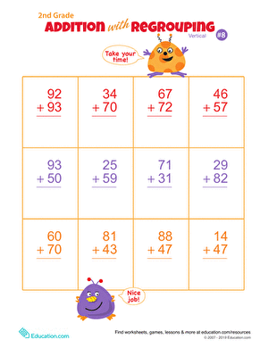 Engaging math exercise for second graders focusing on double-digit addition with carrying Double-digit addition worksheet featuring monsters for second graders to practice vertical addition with regrouping