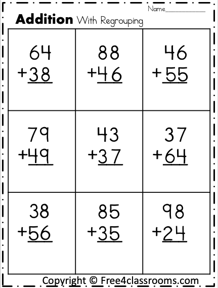 Vertical Addition Practice with Regrouping for Second Grade Double-digit addition worksheet featuring fun monsters for second graders