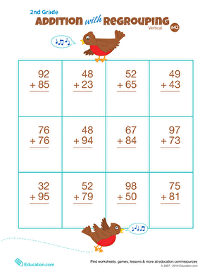 Engaging practice sheet for vertical addition with regrouping skills Double-digit addition worksheet featuring fun monsters for second graders