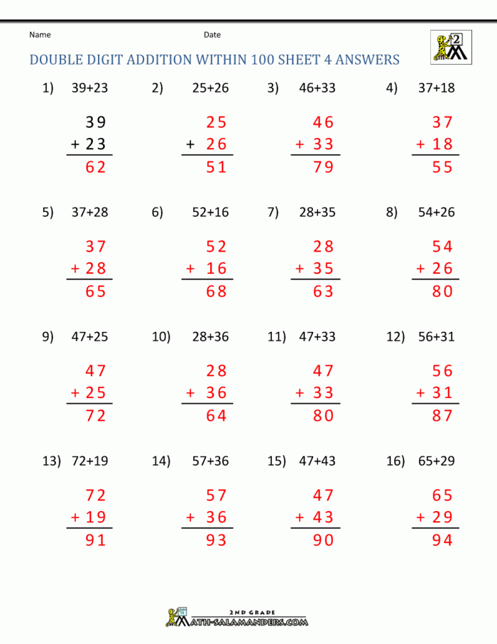 Worksheet featuring double-digit addition practice with regrouping for second graders