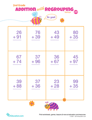 Worksheet featuring double-digit addition practice with regrouping for second graders
