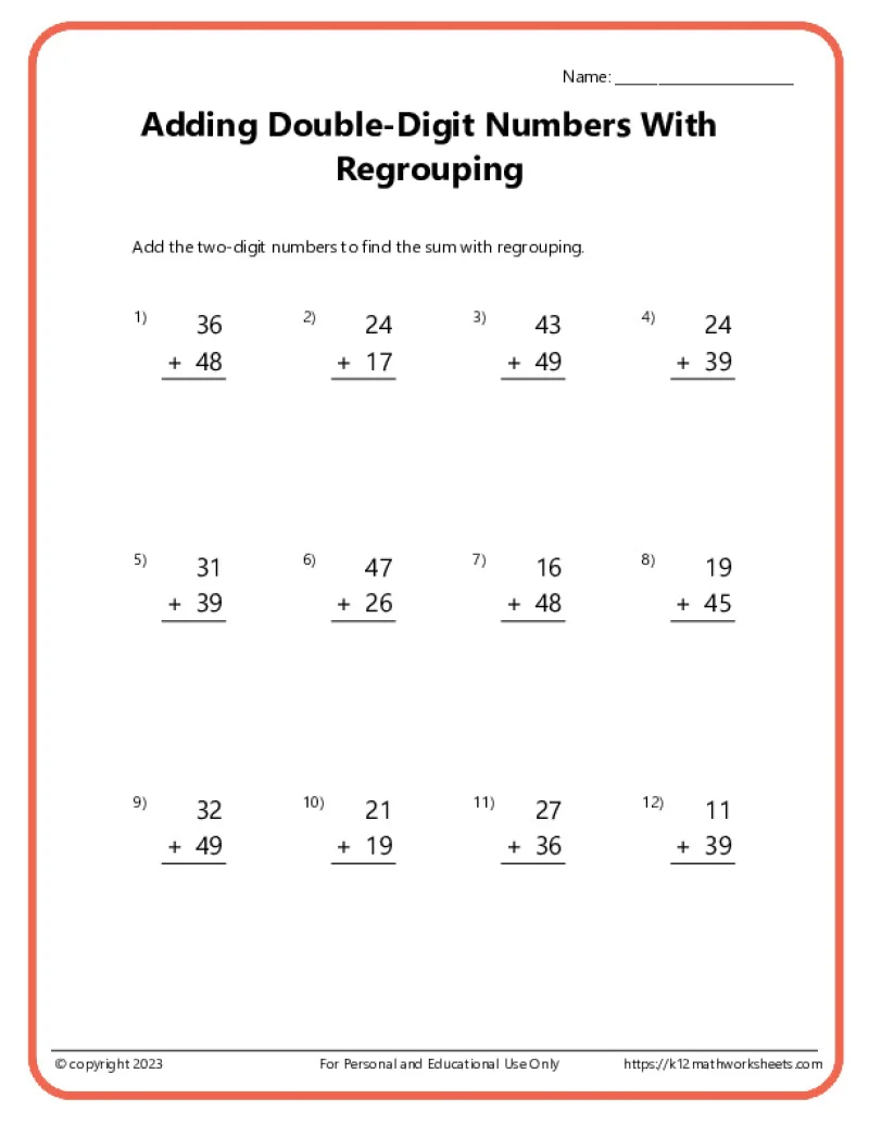 Worksheet featuring double digit addition with regrouping for second graders