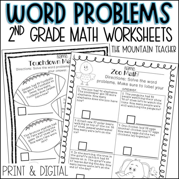 Double-digit addition and subtraction practice worksheet for second graders