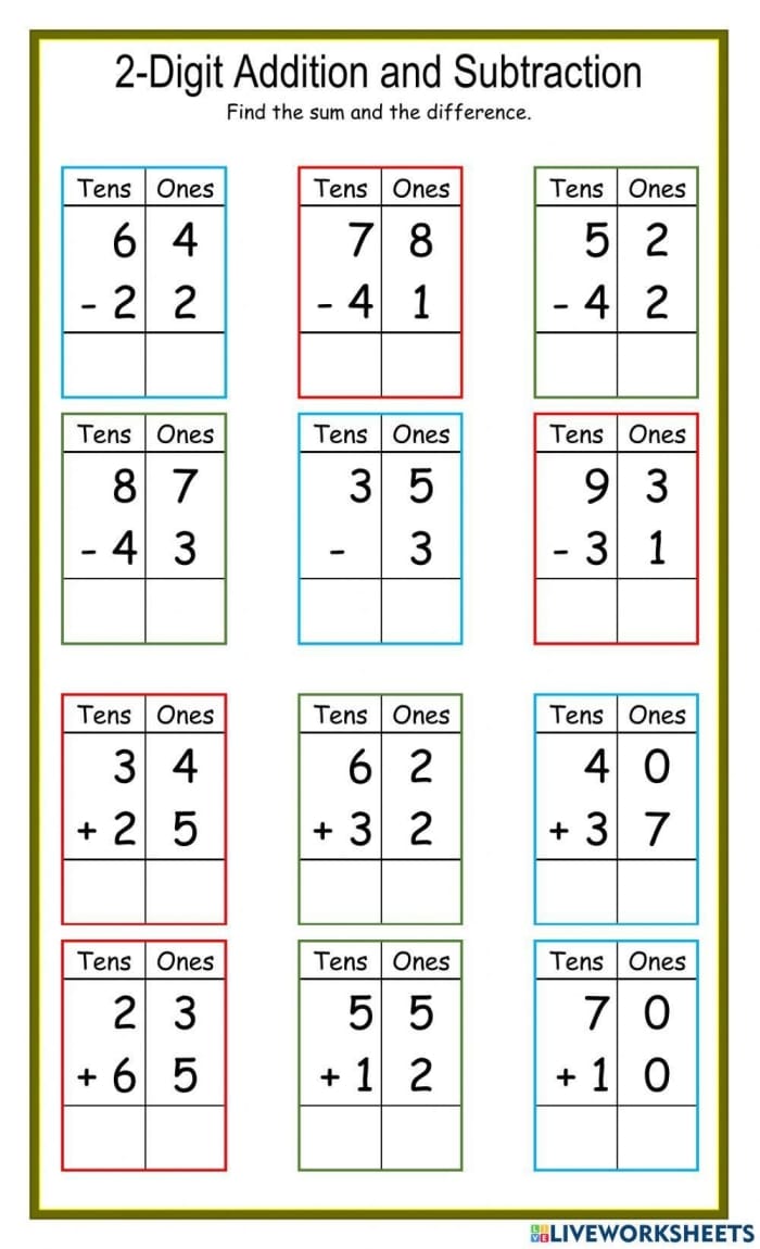 Double-digit addition and subtraction practice worksheet for second graders
