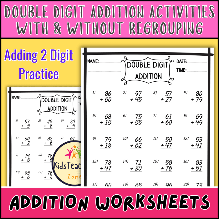 Double-digit addition and subtraction practice worksheet for second graders