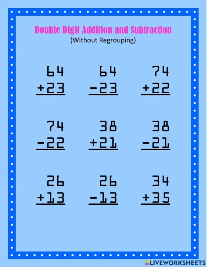 Double-digit addition and subtraction practice worksheet for second graders
