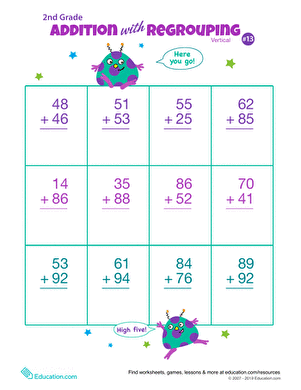 Worksheet featuring double-digit addition problems with regrouping for second graders