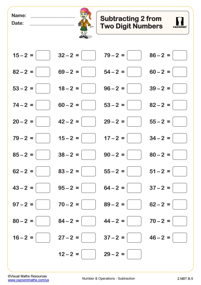 Double-digit subtraction practice featuring fun animal illustrations for second graders