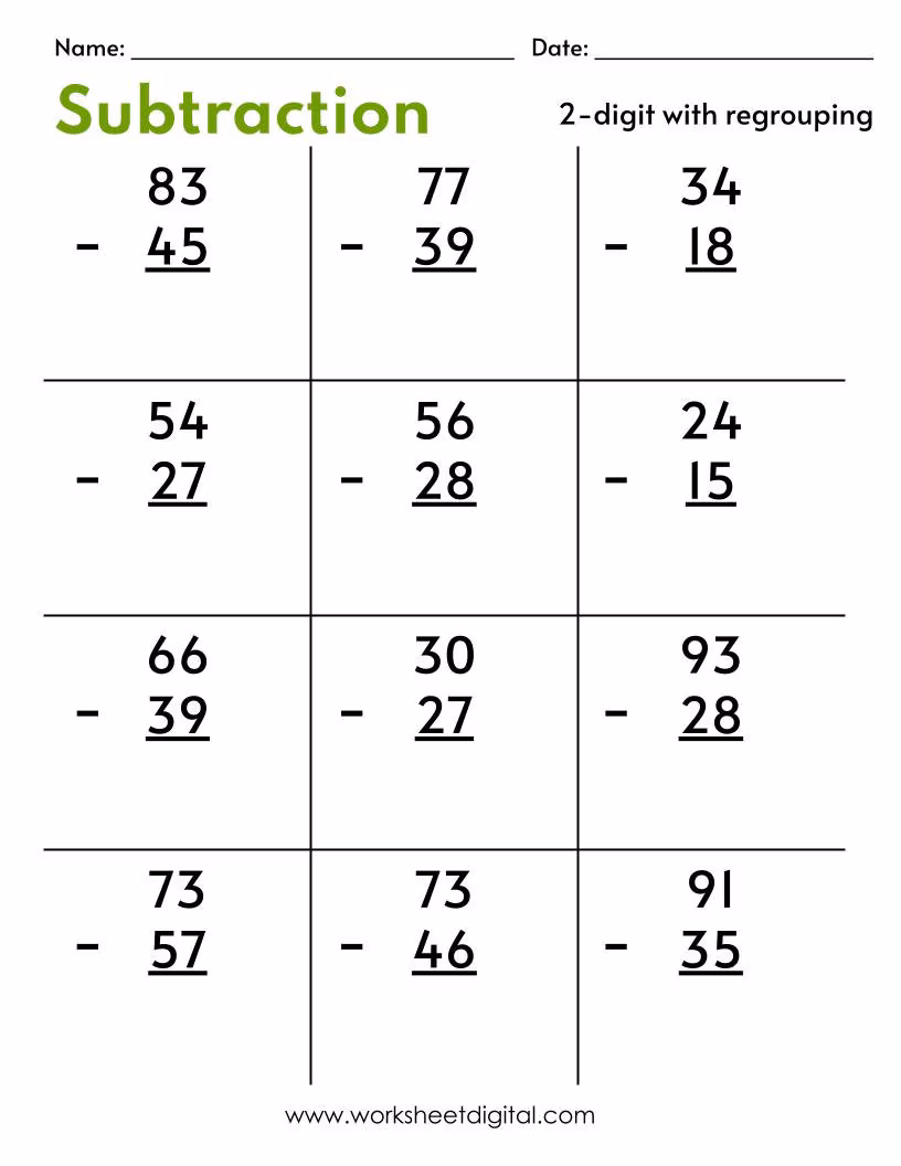 Double-digit subtraction worksheet featuring animals for second graders
