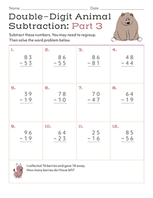 Double-digit subtraction worksheet featuring fun animal illustrations for second graders