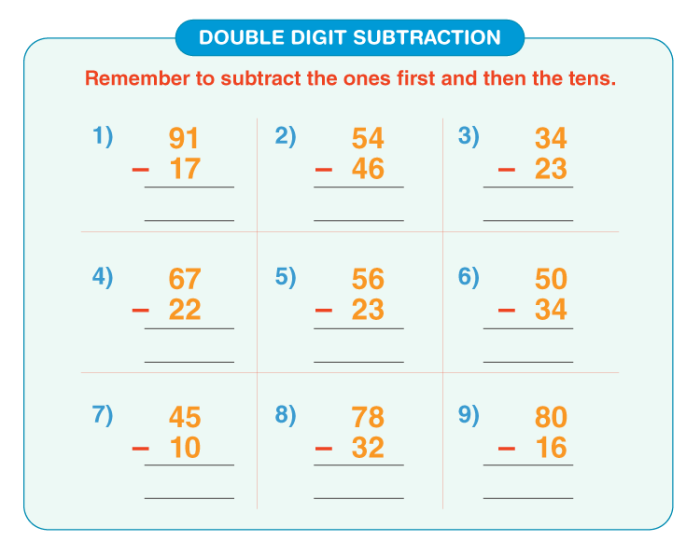 Double-digit subtraction worksheet featuring fun animal illustrations for second graders