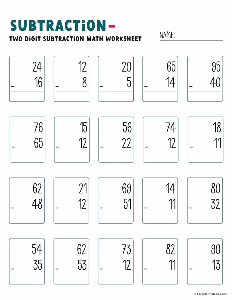 Colorful worksheet for practicing double-digit subtraction with animals for second graders