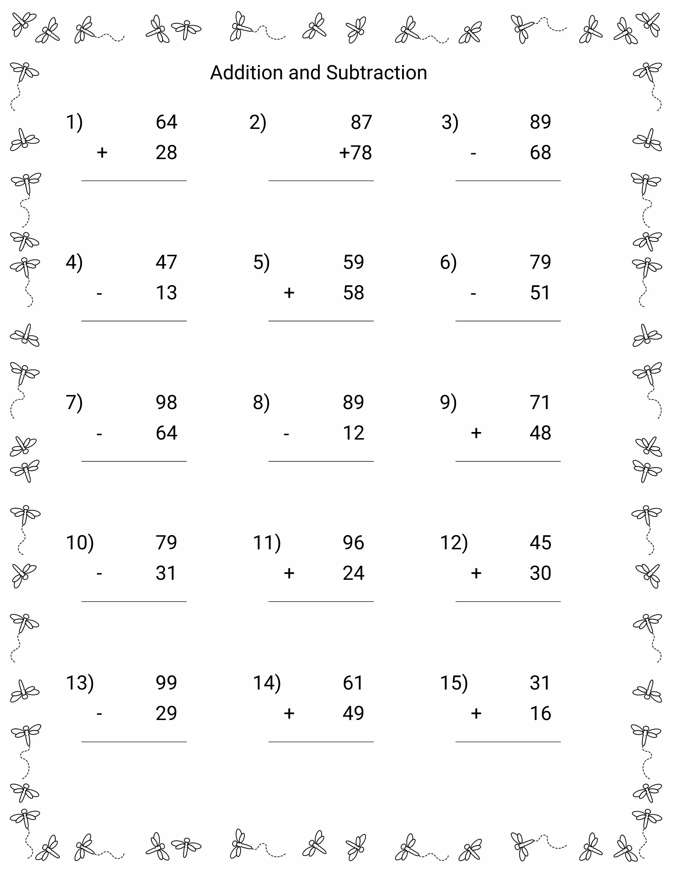 Colorful double-digit subtraction worksheet featuring fun animal illustrations for second graders