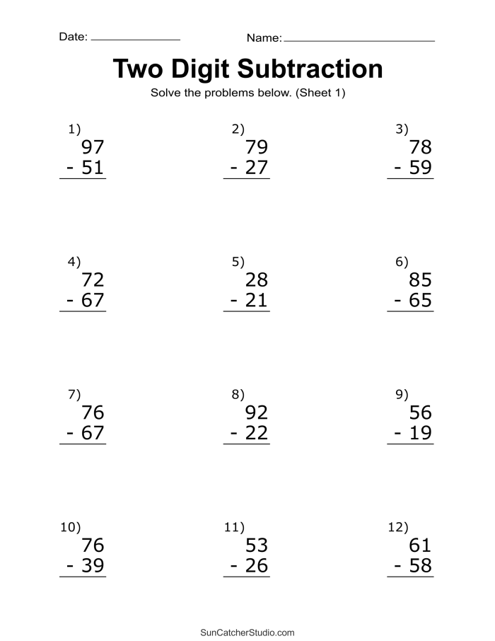 Colorful worksheet featuring double-digit animal subtraction problems for second graders