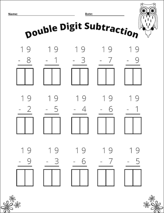 Double-digit subtraction worksheet featuring fun animals for second graders