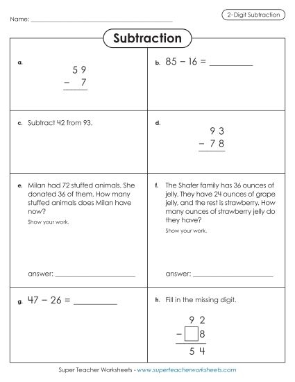 Double-digit subtraction worksheet featuring fun animal illustrations for second graders