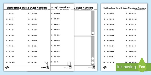 Animal-themed worksheet for practicing double-digit subtraction in second grade
