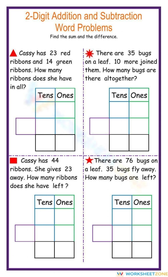 Double-digit addition and subtraction practice worksheet for second graders