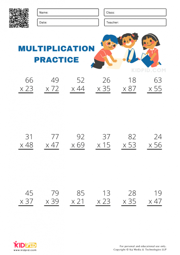 Double-Digit Multiplication Worksheet for Fourth Grade Practice 5 Fourth grade student working on a double-digit multiplication worksheet with space to show long multiplication steps