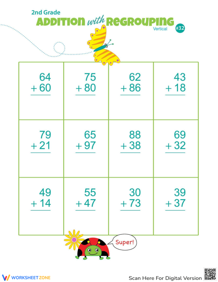 Fun and engaging monster-themed double-digit addition practice for young learners Double-digit addition worksheet featuring monsters for second graders to practice regrouping