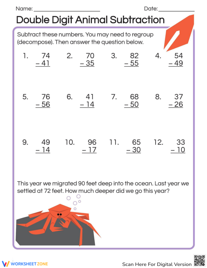 Double-digit subtraction worksheet featuring fun animal illustrations for second graders