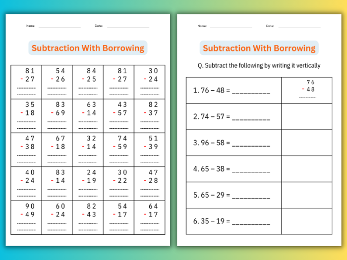 Double-digit subtraction worksheet featuring fun animal illustrations for second graders