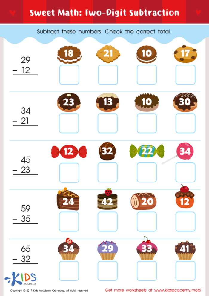 Double-digit subtraction worksheet featuring fun animal illustrations for second graders